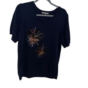 Short sleeve navy sweater sequins bursts like new large L my Danielle